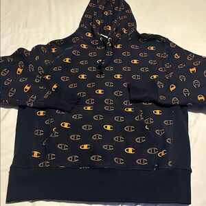 Champion Men's Hoodie with Navy and Orange Pattern